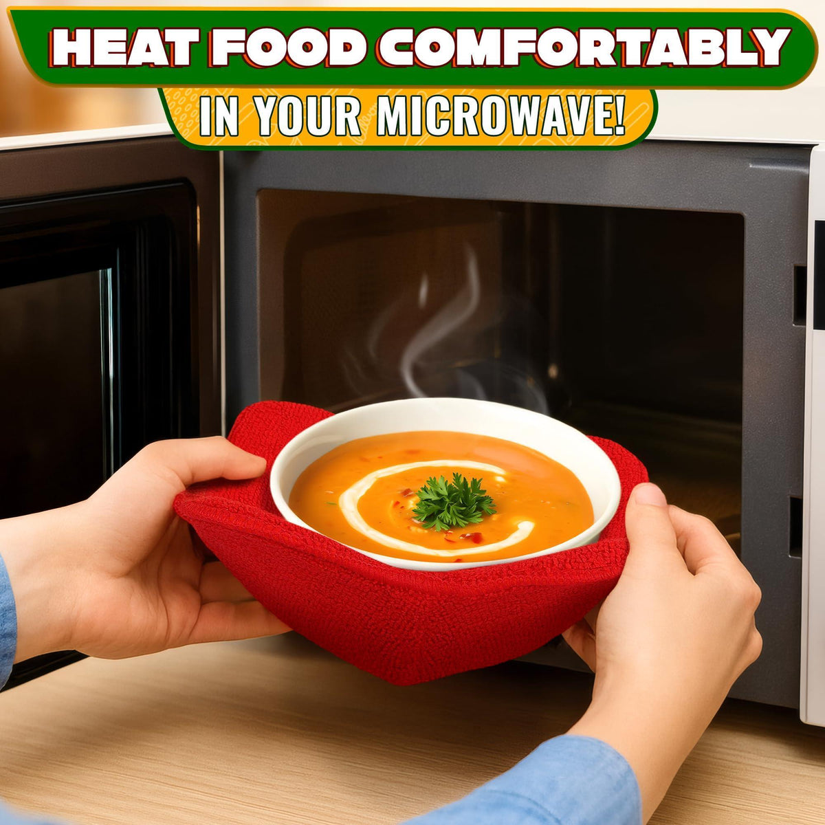 2 Pcs Red Microwave Bowl Holder (7.5 ×7.5 ) – Microwave Bowl Cozy with Durable Heat Resistant Fabric for Hot Dishes – Effortless Secure Serving of Hot Food Bowls Cups & Saucers