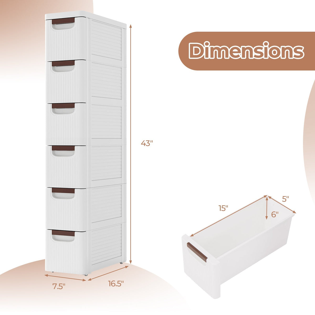 3/4/5/6-Drawer Rolling Organizer Unit Narrow Storage Cabinet with Built-In Wheels for Small Space-6-Drawer