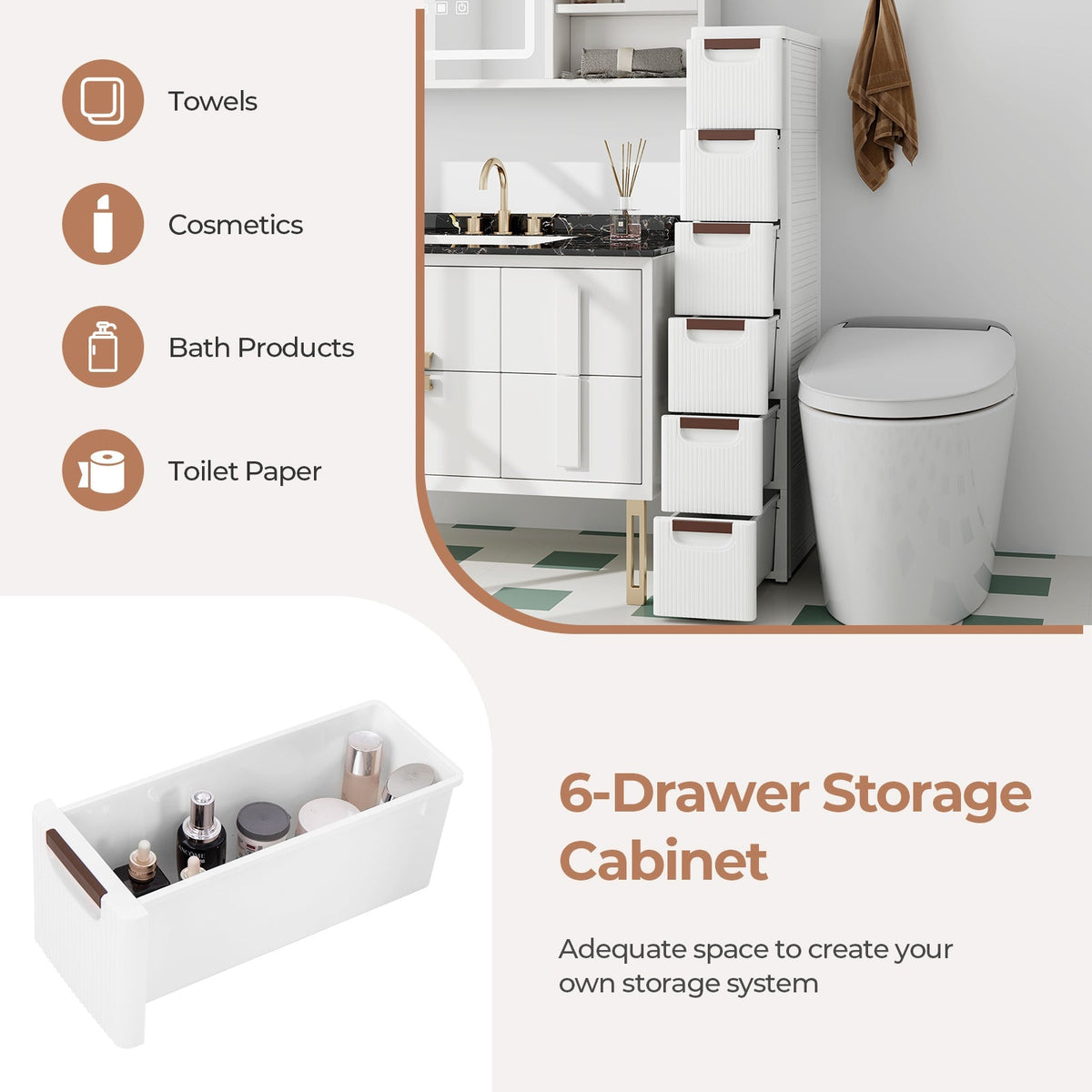 3/4/5/6-Drawer Rolling Organizer Unit Narrow Storage Cabinet with Built-In Wheels for Small Space-6-Drawer