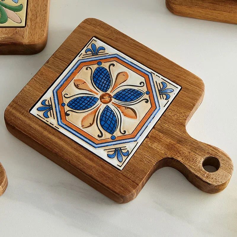 Home Creative Wood Tiles Pot Mat Anti-Scalding Plate Mat Drink Coasters Wooden Trivet Frame for Hot Tea Pots Non-slip Cup Mat