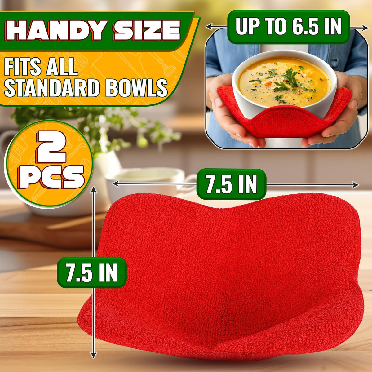 2 Pcs Red Microwave Bowl Holder (7.5 ×7.5 ) – Microwave Bowl Cozy with Durable Heat Resistant Fabric for Hot Dishes – Effortless Secure Serving of Hot Food Bowls Cups & Saucers