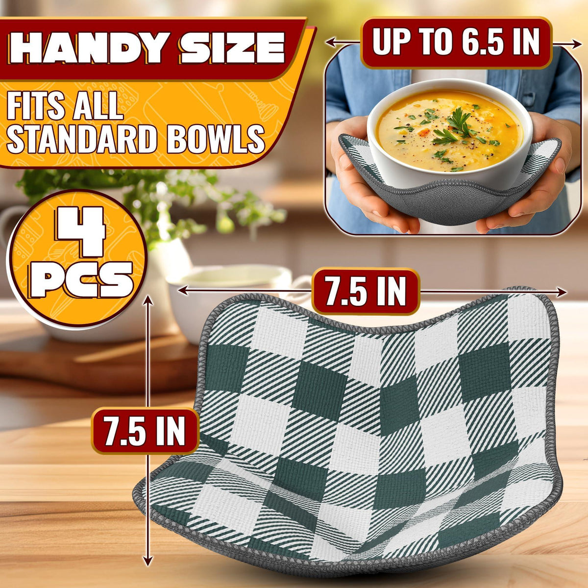 4 Pcs Microwave Bowl Cozy Holders (Gray & White Checkered) – Heat Resistant Microwave Bowl Holders for Hot Food Protect Hands from Hot Dishes – Soft Fabric for Safe & Convenient Use in the Kitchen