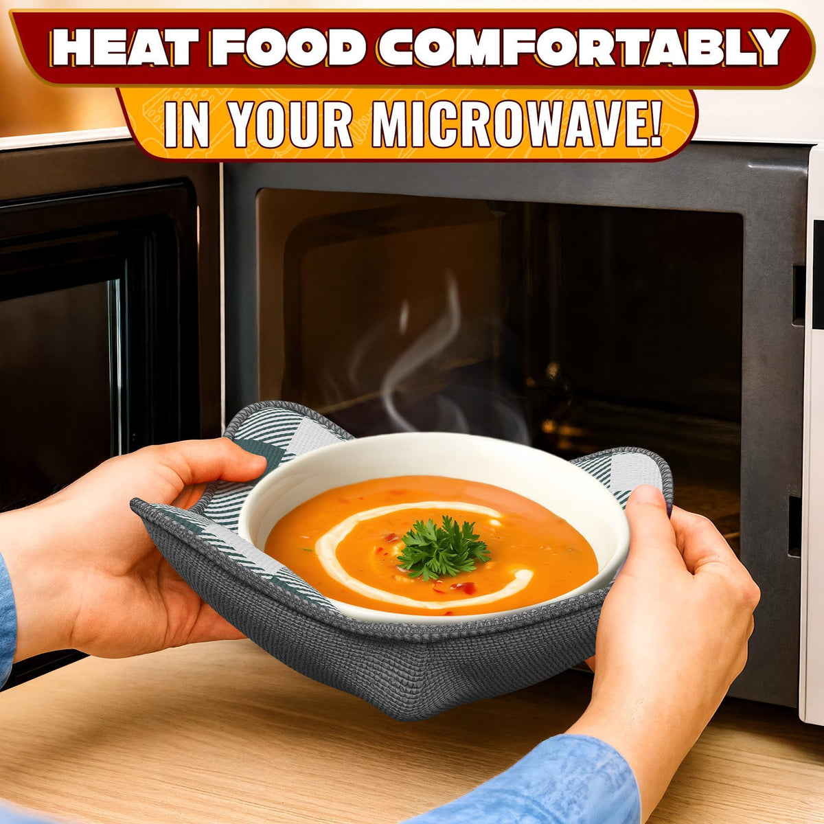 4 Pcs Microwave Bowl Cozy Holders (Gray & White Checkered) – Heat Resistant Microwave Bowl Holders for Hot Food Protect Hands from Hot Dishes – Soft Fabric for Safe & Convenient Use in the Kitchen