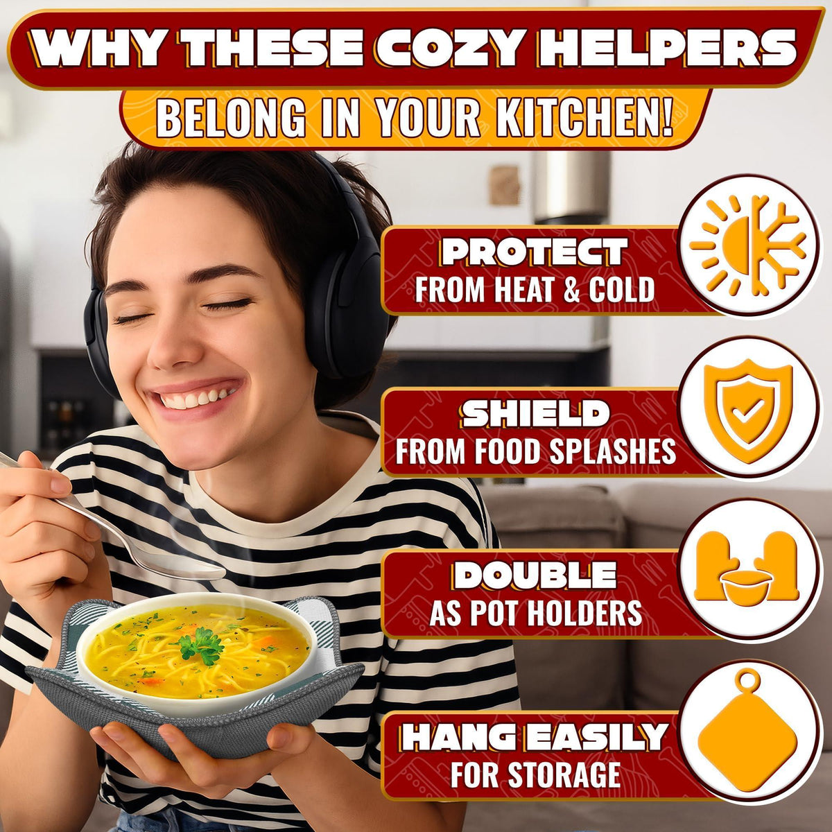 4 Pcs Microwave Bowl Cozy Holders (Gray & White Checkered) – Heat Resistant Microwave Bowl Holders for Hot Food Protect Hands from Hot Dishes – Soft Fabric for Safe & Convenient Use in the Kitchen