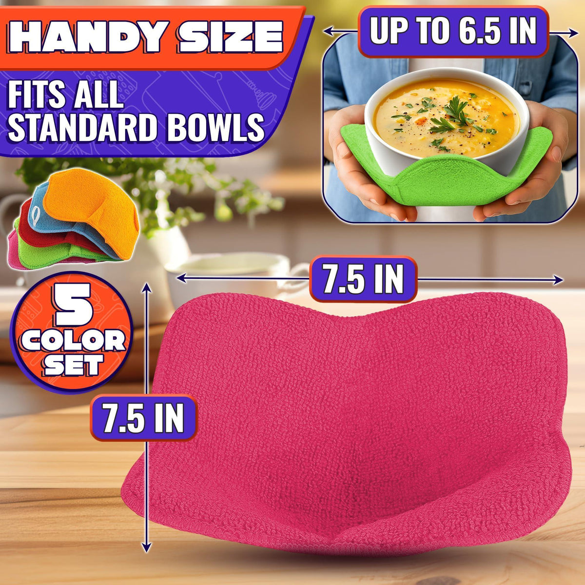 Microwave Bowl Holder Set of 5 – Five Color Pack Microwave Bowl Holders for Hot Food (7.5 x7.5 ) – Heat Resistant Fabric for Bowls Cups Saucers Machine Washable