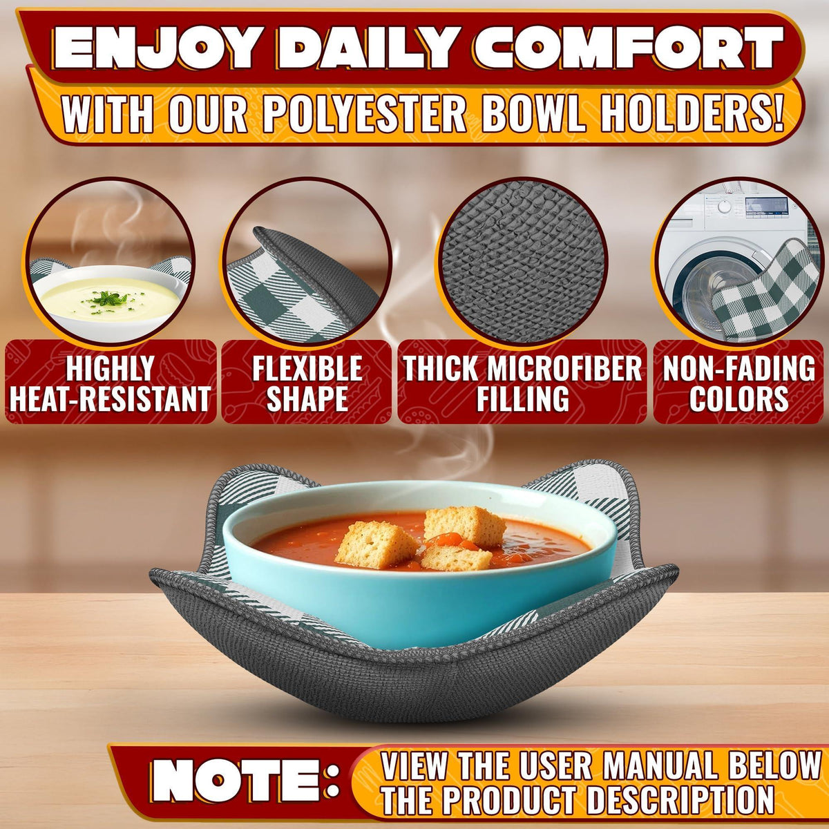 4 Pcs Microwave Bowl Cozy Holders (Gray & White Checkered) – Heat Resistant Microwave Bowl Holders for Hot Food Protect Hands from Hot Dishes – Soft Fabric for Safe & Convenient Use in the Kitchen
