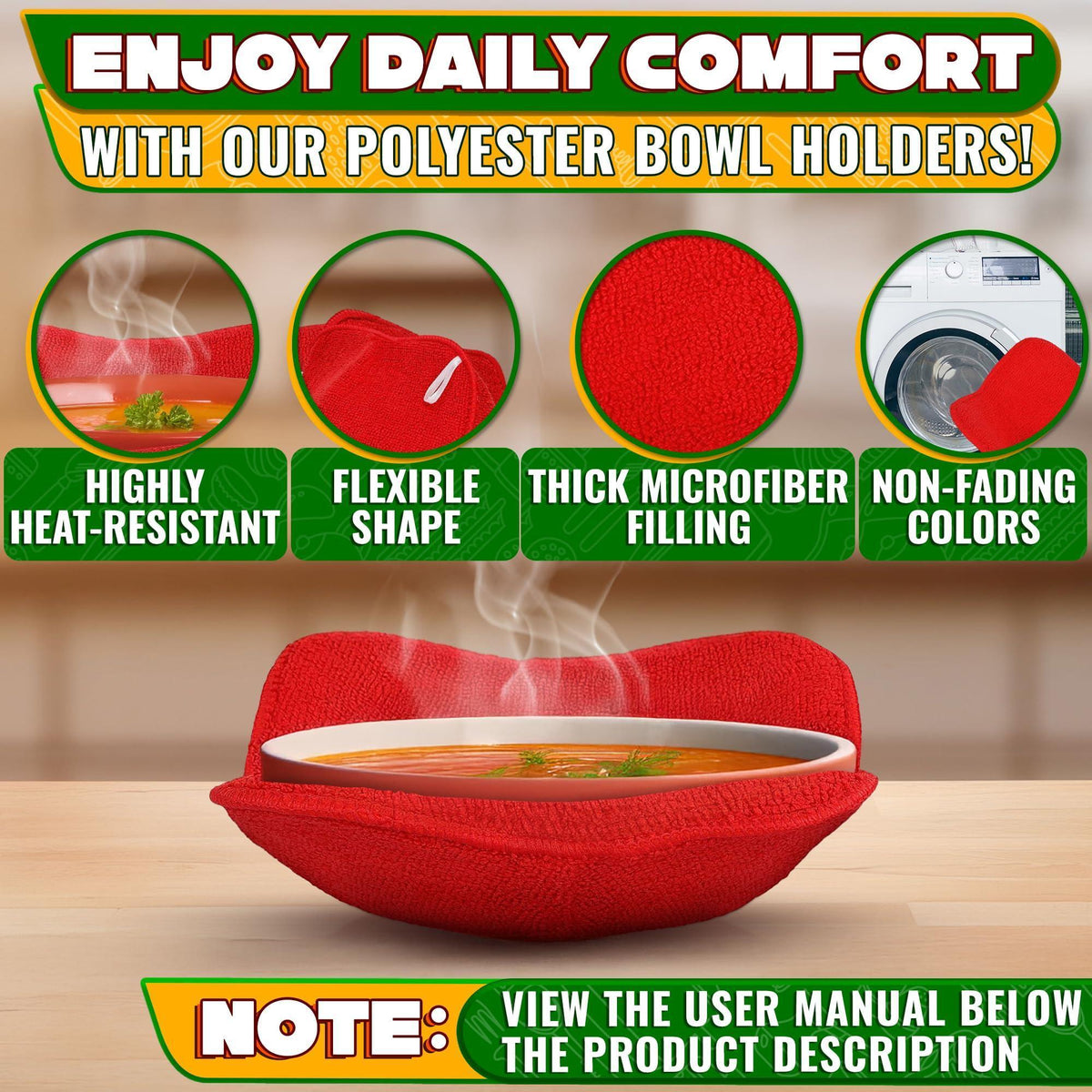 2 Pcs Red Microwave Bowl Holder (7.5 ×7.5 ) – Microwave Bowl Cozy with Durable Heat Resistant Fabric for Hot Dishes – Effortless Secure Serving of Hot Food Bowls Cups & Saucers